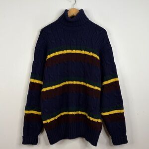 Vintage Polo Ralph Lauren Sweater Mens XL Navy Blue Green Yellow Cable Knit Wool